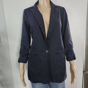 MICHAEL KORS Women's Linen Single Button Blazer Ruched Sleeve Navy Blue 4 Office